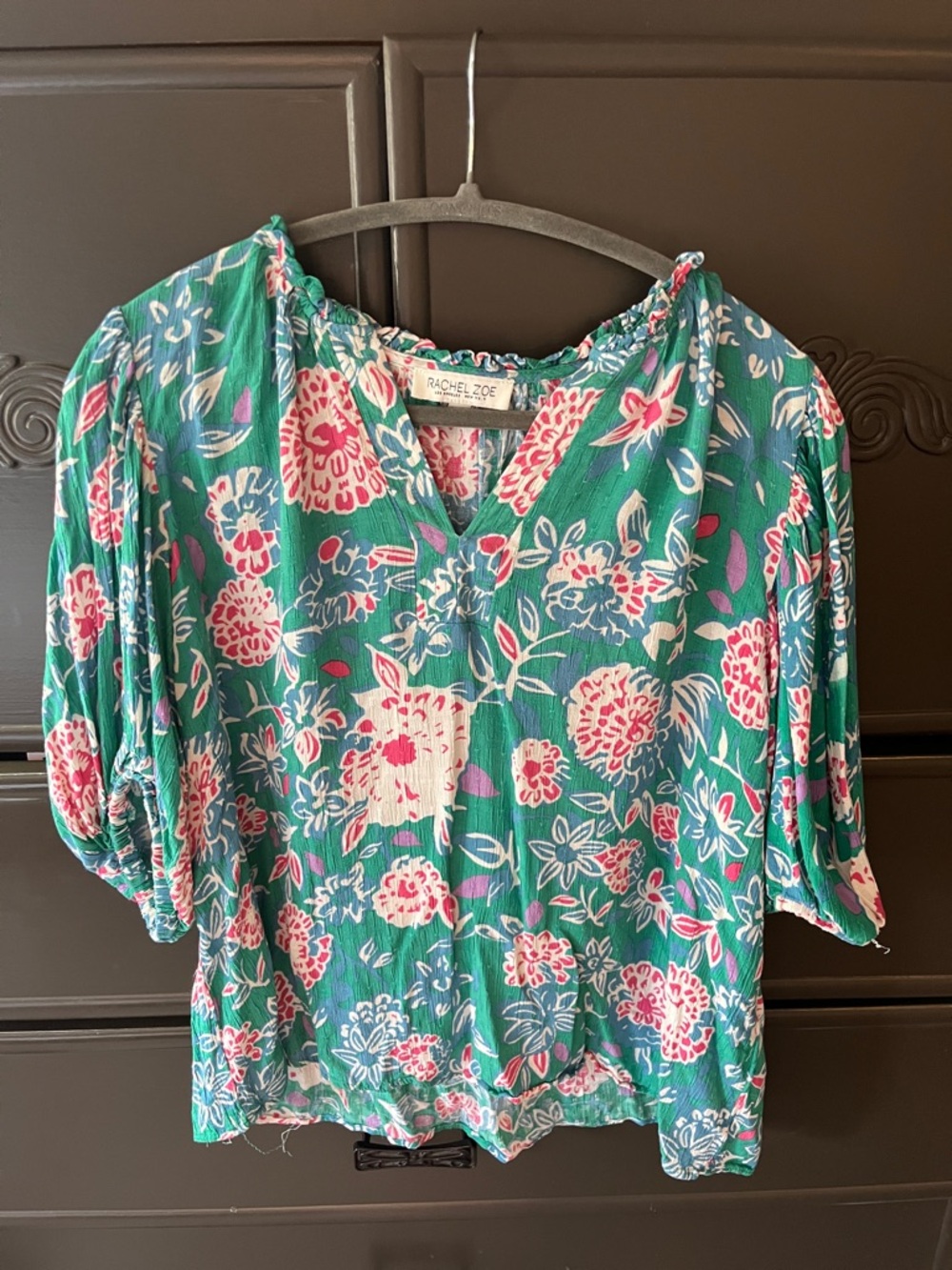 Rachel Zoe Teal Floral Peasant Blouse with Pink and White Blooms
